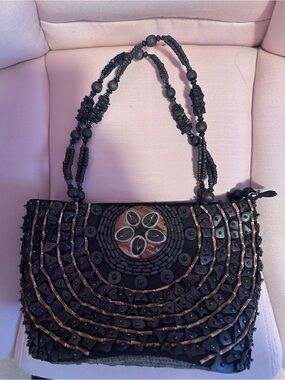 Black Beaded Embellished Clutch with Decorative Medallion